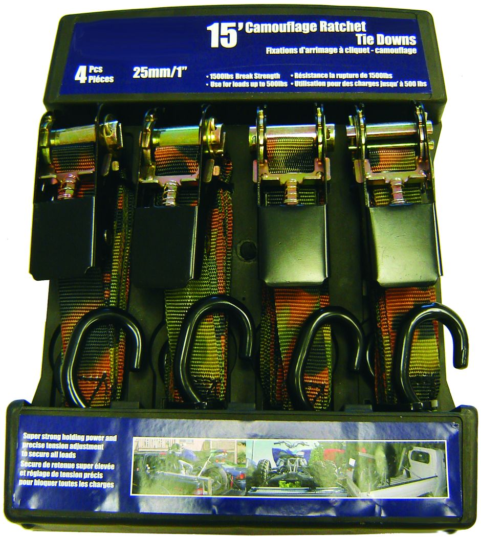 Camouflage Tie Down Set 4 Pieces, 1" X 15', 1500Lb